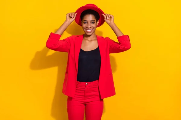 Photo Sweet Cute Short Hair Person Dressed Red Suit Arms — Stock Photo, Image