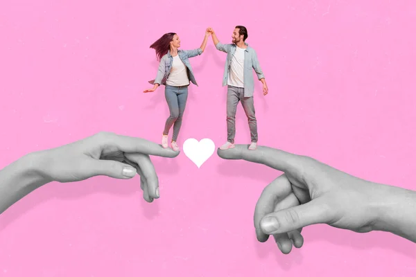 Composite collage image of two big arms fingers hold people black white gamma love concept isolated on pink background.