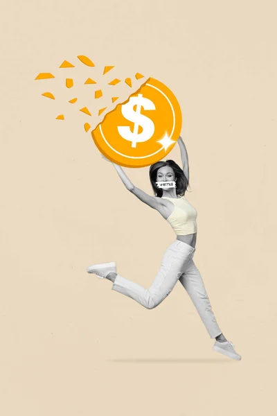 Imagen Collage Vertical Chica Saltando Negro Blanco Brazos Gamma Mantener —  Fotos de Stock