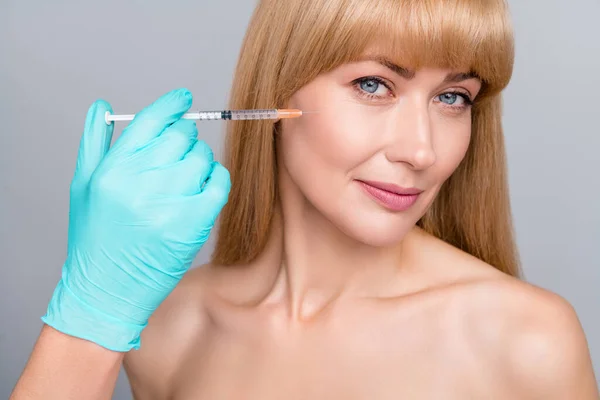 Cropped photo of gentle lady have detox infection operation silky soft cheeks cheekbones isolated over grey color background.
