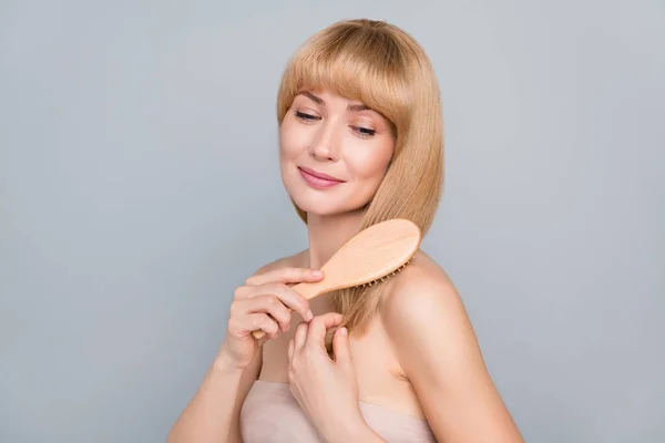 Portrait Attractive Tender Gentle Woman Combing Shine Healthy Hair Isolated — Stock Photo, Image