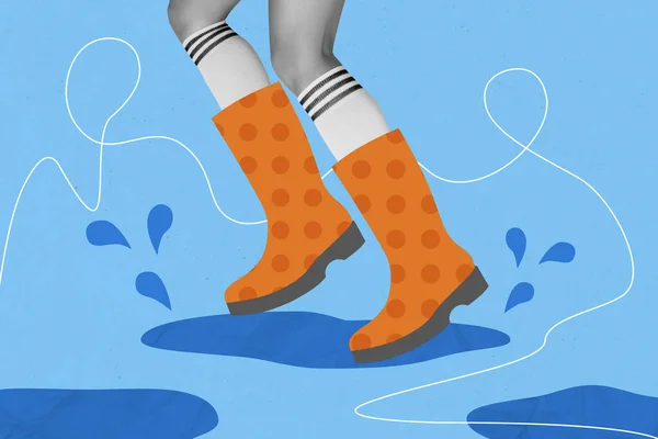 Творческий Абстрактный Шаблон Коллажа Прыгающей Женщины Ноги Оранжевые Пунктирные Губки — стоковое фото