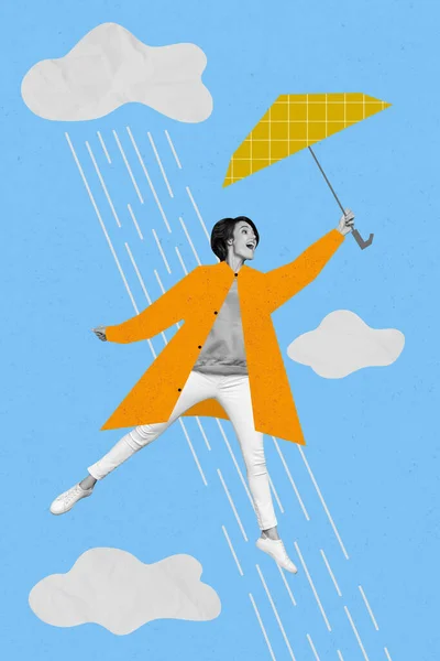 空飛ぶ魅力的な若い女性の創造的な抽象的なテンプレートのコラージュハングホールド傘パラソル青空高い雲雨風の強い天候 — ストック写真