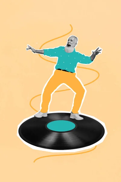 Creative drawing collage picture of active positive cool funny old man dancing vinyl recorder have fun enjoy carefree retirement feel young.