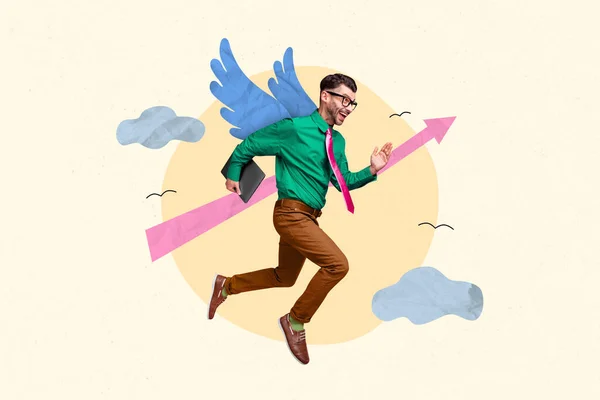 海报上的男经理拼图给人一种灵感 在画的天空背景上画着鸟儿的翅膀 — 图库照片