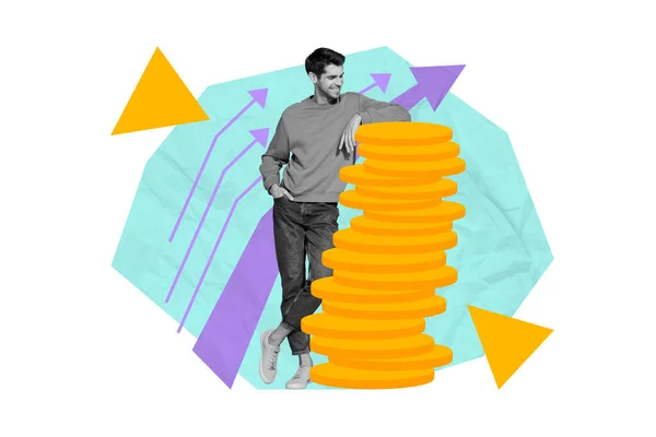 満足した幸せな男の創造的な抽象的なテンプレートのコラージュリーン大きな列柱黄金のコイン成功豊かな矢印ポイントアップ — ストック写真