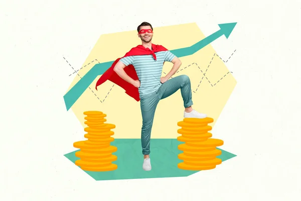 決定された強い男のスーパーヒーローの創造的な図面のコラージュ画像は レッドケープマスク起業家は自信を持って資本金を稼ぐ — ストック写真