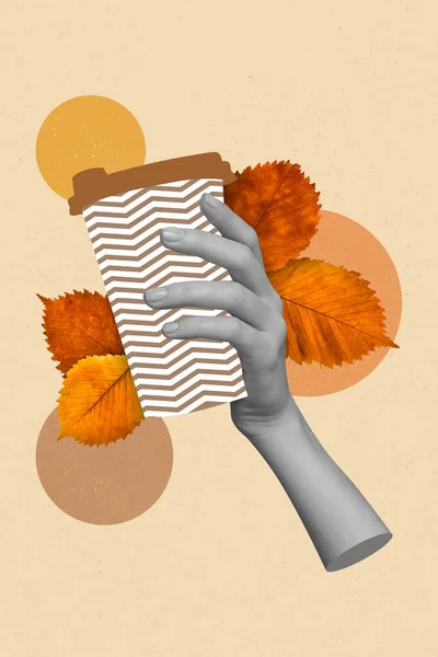 Creative drawing collage picture of hand holding take away paper cup hot coffee cacao tea cafeteria cafe autumn orange leaves cozy comfort.