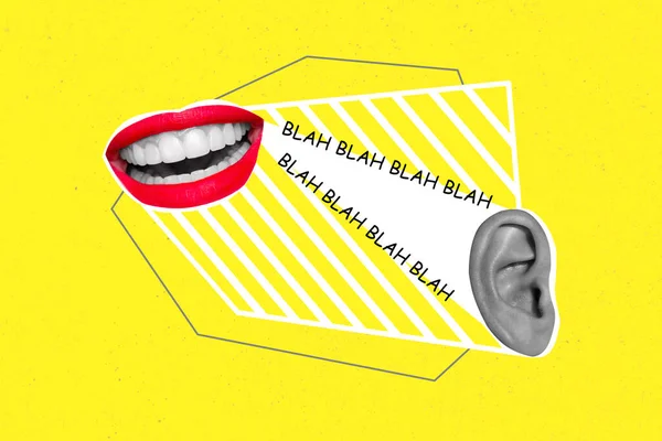 Creative Trend Collage Woman Mouth Red Lipstick Talk Blah Ear — Stok Foto