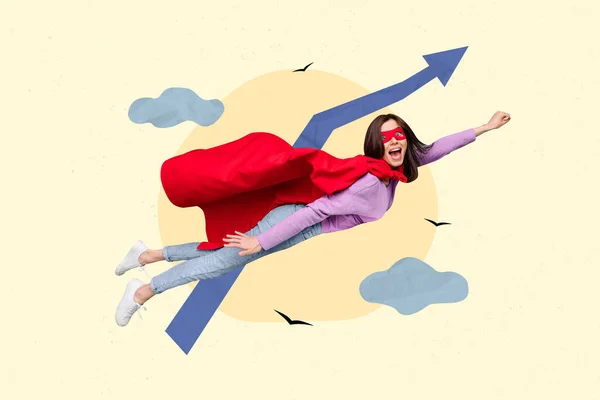 有创意的3D拼贴图片海报明信片飞行的超级淑女举起手穿红色斗篷隔离在绘画背景 — 图库照片
