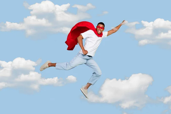 Creative Abstract Template Collage Excited Strong Man Flying High Clouds — Stock Photo, Image