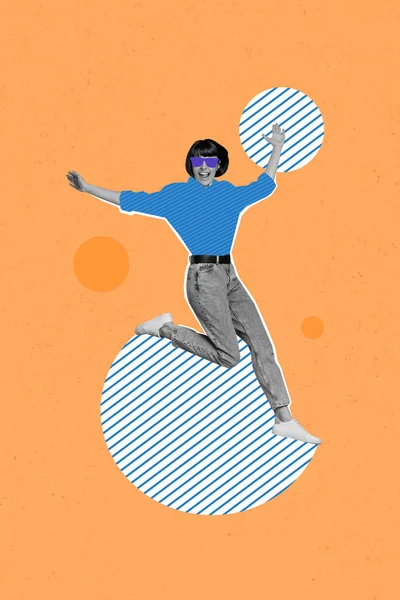 Kompozytowy Kolaż Obraz Funky Active Cool Kobieta Malarstwo Strój Skoki — Zdjęcie stockowe