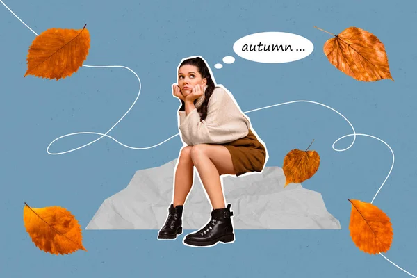 3d retro abstract creative artwork template collage of upset unhappy young girl sit bored autumn depression blues melancholy falling leaves.