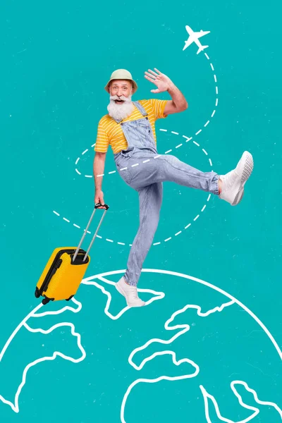 Koláž Reklama Legrační Senior Muž Připraven Cestovat Celém Světě Taškou — Stock fotografie