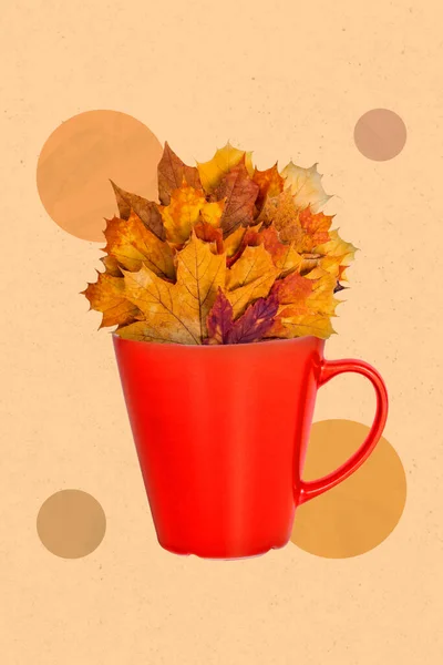 3d retro abstract creative artwork template collage of red tea coffee cup mug full autumn golden colorful leaves collection herbarium.