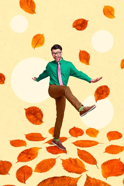 3d retro abstract creative artwork template collage of excited active worker gentleman play outdoors outside have fun enjoy autumn leaves.