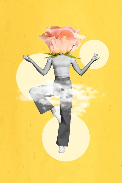 Colagem Vertical Retrato Meditação Menina Preto Branco Cores Grande Rosa — Fotografia de Stock