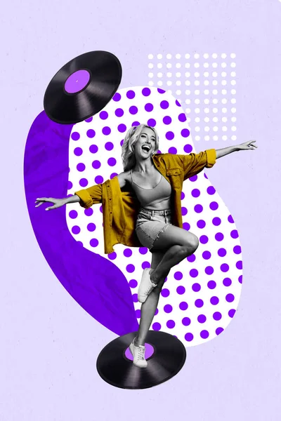 Vertical collage illustration of excited cheerful girl black white gamma enjoy dancing painted vinyl records isolated on creative background.