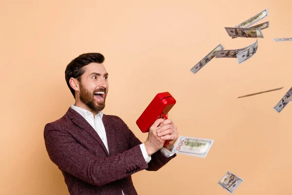 Portrait Overjoyed Delighted Young Businessman Have Fun Shooting Money Gun — Stock Photo, Image