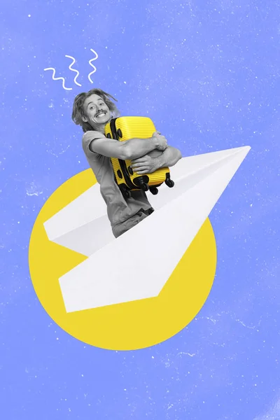 Креативный Эксклюзивный Фотоколлаж Открытка Плакат Изображением Парня Сидящего Бумажном Самолете — стоковое фото