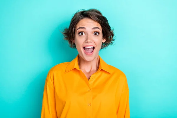 Closeup Photo Young Crazy Funny Attractive Lady Open Mouth Speechless — Stock Photo, Image