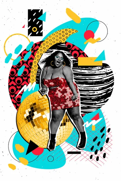 Vertikální Kreativní Koláž Obraz Velikost Těla Pozitivní Funky Sebevědomá Žena — Stock fotografie