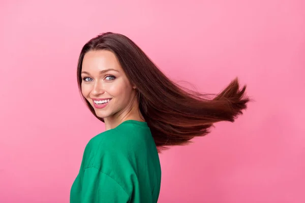 Side profile photo of pretty optimistic girlish fancy girl with straight hairdo wear green t-shirt isolated on pink color background.