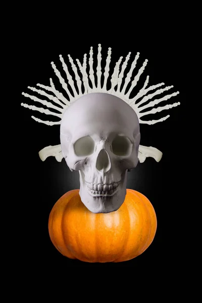 Függőleges Kollázs Kép Emberi Koponya Karok Csontváz Halloween Tök Elszigetelt — Stock Fotó