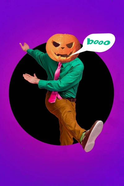 Vertikal Collage Bild Galen Person Hål Dans Halloween Pumpa Istället — Stockfoto