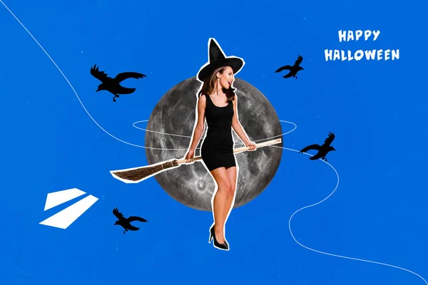 Creative retro 3d magazine image of happy smiling lady witch flying broom stick flying moon isolated painting background.