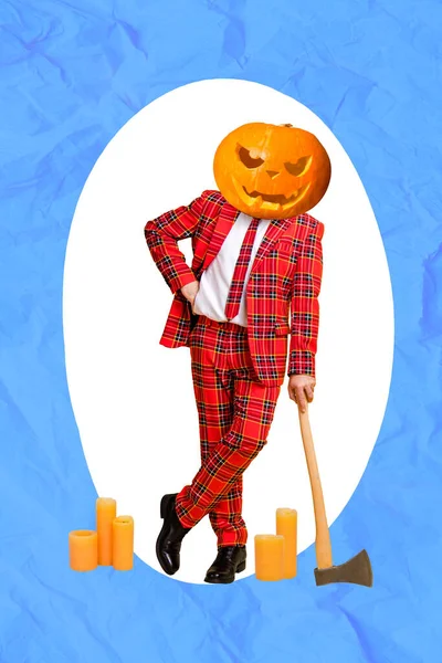 Вертикальный Коллаж Иллюстрация Жуткий Человек Хэллоуин Тыква Резное Лицо Вместо — стоковое фото