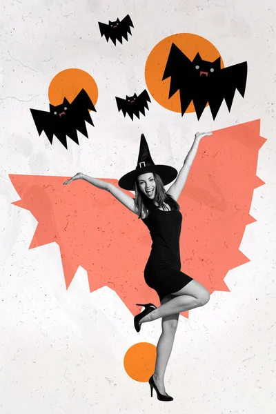 Koláž Fotografie Mladé Atraktivní Černé Šaty Žena Halloween Klobouk Bat — Stock fotografie