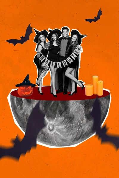 Creative trend collage of three beautiful women witches costumes man vampire dracula flying bats halloween decoration party thematic disco.