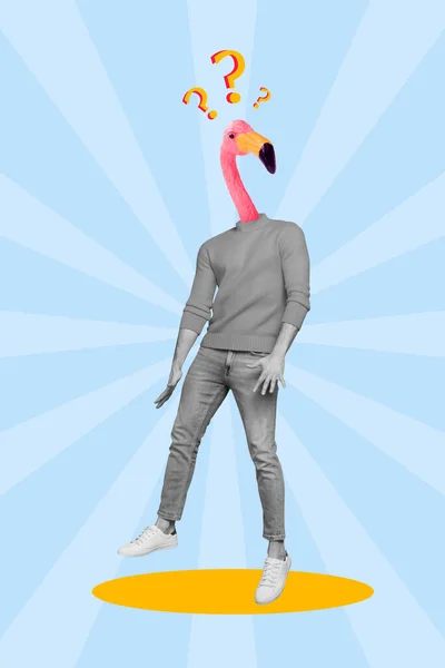 Vertical Creative Collage Image Funny Funky Man Pink Flamingo Bird — Stock Photo, Image