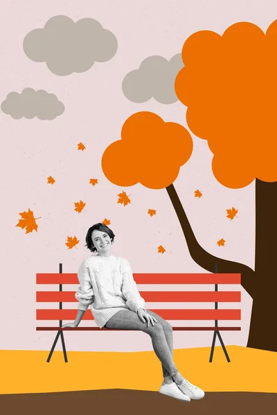 Творческий Тренд Коллаж Расслабляющей Счастливой Красивой Молодой Женщины Сидя Скамейка — стоковое фото