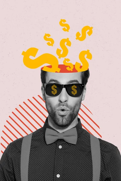 Creative drawing collage picture of man dollar signs head sunglass excited rich income win lottery greedy isolated drawing backgrounds.