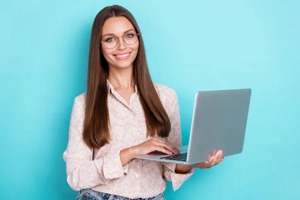 Photo Nice Millennial Woman Work Laptop Wear Shirt Eyewear Isolated — Stock Photo, Image