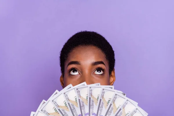 Cropped View Portrait Beautiful Trendy Curious Stunned Girl Holding Cash — Stock Photo, Image