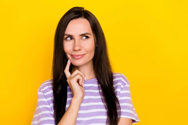 Closeup Foto Jovem Atraente Bonito Pensativo Mulher Toque Queixo Espírito — Fotografia de Stock