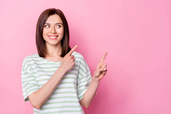 Portrait Good Mood Interesting Girl Bob Hairdo Wear Striped Shirt — Stock Photo, Image