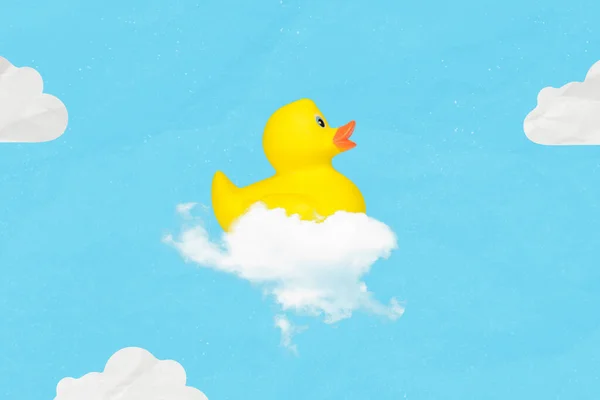 Composite collage illustration of flying rubber toy duck isolated on creative painted clouds sky background.