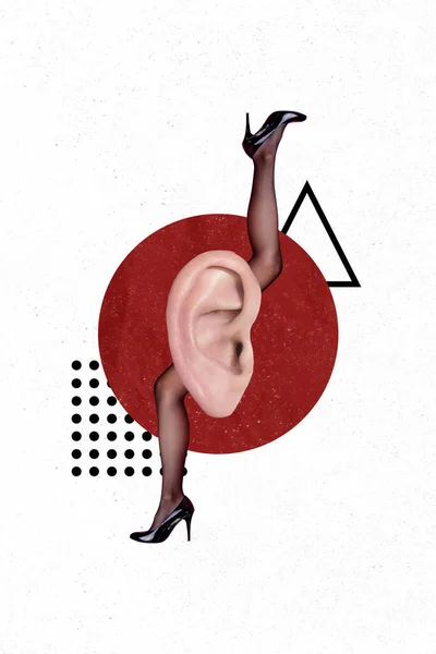 創造的な写真3Dコラージュポスターのポストカードのフィットスリム女の子の足スティック高いヒール男性男性耳隔離された絵の背景 — ストック写真