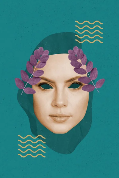Vertikale Collage Bild Von Mädchen Gesichtsmaske Blume Blätter Isoliert Auf — Stockfoto