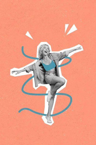 Creativa Foto Collage Cartel Postal Obra Arte Danza Chica Alegre — Foto de Stock