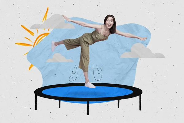 Imagen Creativa Collage Chica Alegre Excitada Saltando Rebote Aislado Fondo —  Fotos de Stock