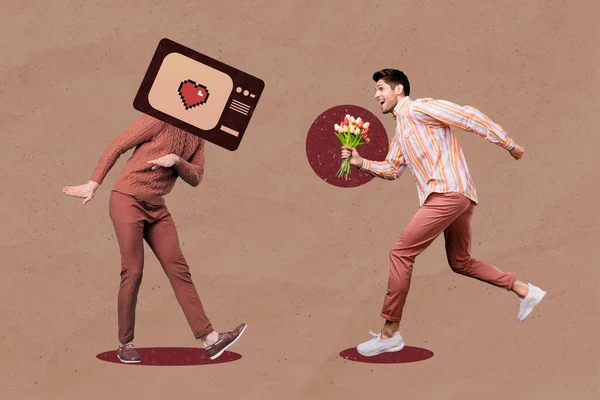 Composite Collage Picture Two Guys Instead Head Hold Bouquet Running — Stock Photo, Image