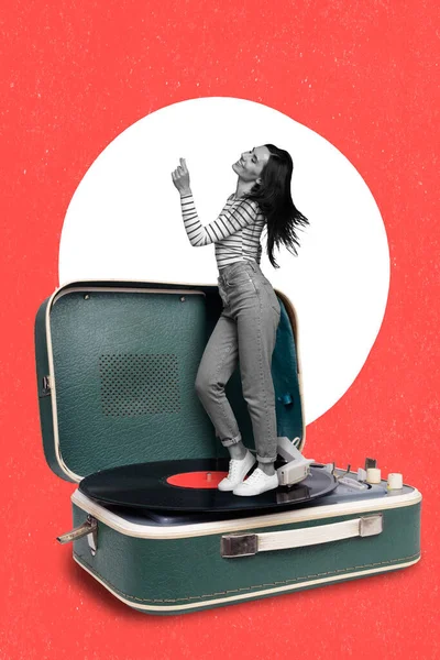 Vertical creative collage image of young woman dancing enjoy retro old music vintage vinyl recorder nostalgia party disco entertainment.