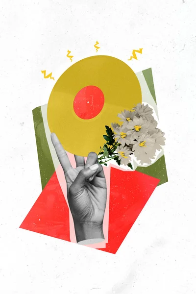 Vertical collage illustration of human arm fingers black white colors show v-sign hold painted vinyl record flowers.