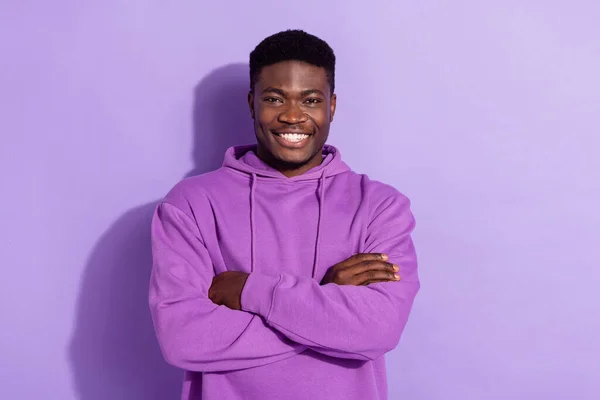 Portrait of satisfied man crossed arms beaming smile look camera isolated on pastel violet color background.