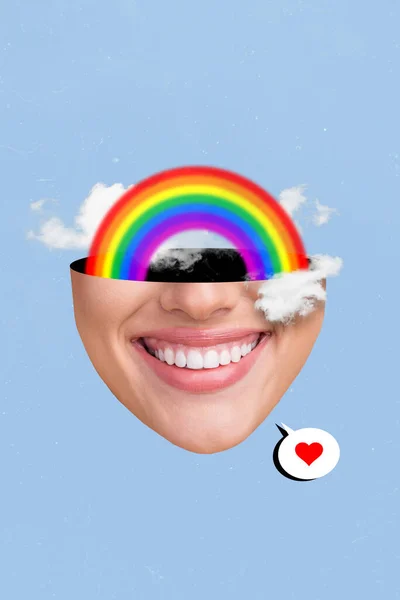 Collage 3d image of pinup pop retro sketch of happy smiling half face rainbow instead of brain isolated painting background.